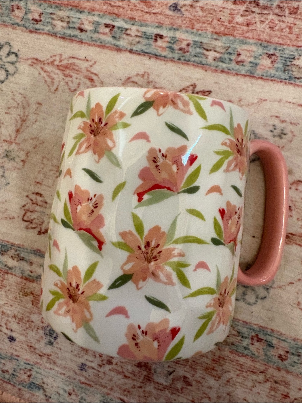 Floral Ceramic Coffee Mug with Pink Handle